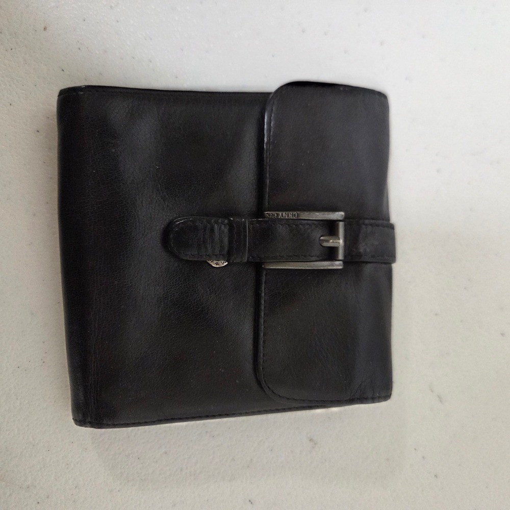 DKNY Black Leather Trifold Wallet with Buckle Detail and ID Window